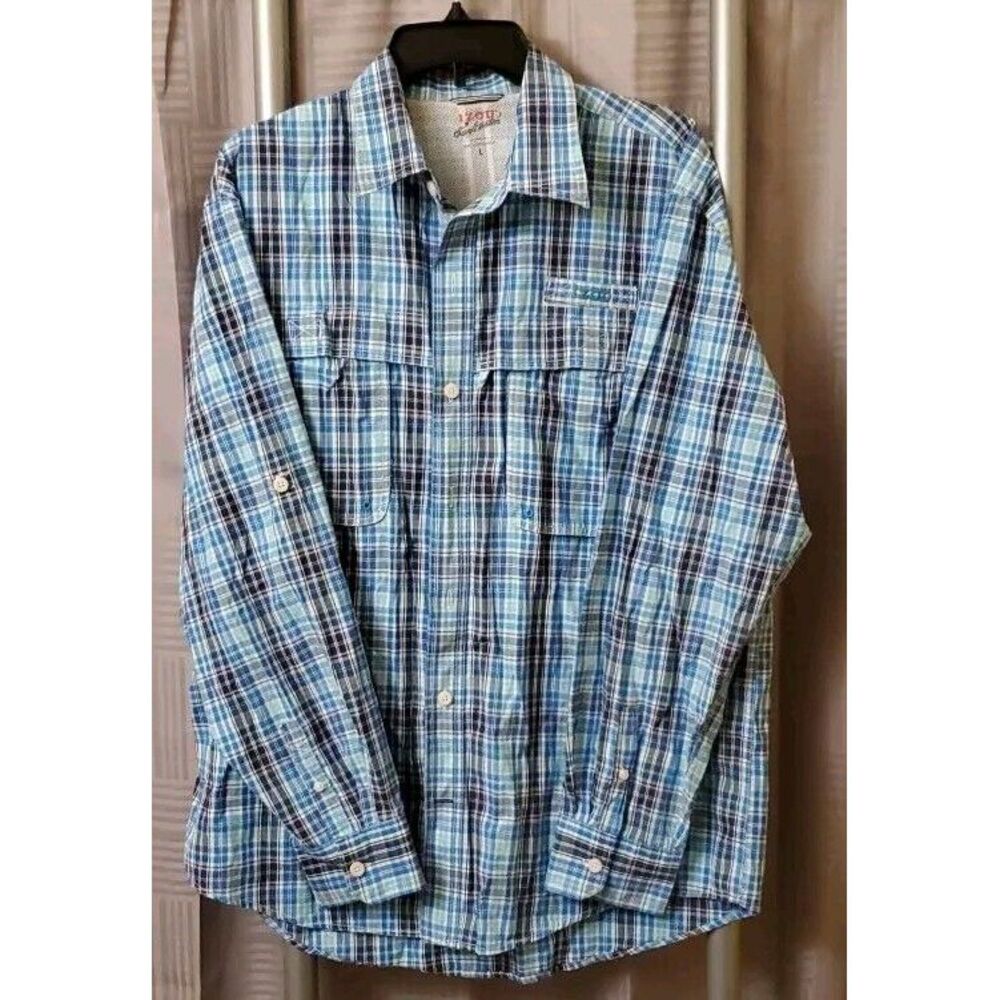 IZOD Surfcaster Men's Long Sleeve Button Down Casual Blue Plaid Shirt Size‎ L